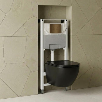 Wall Hung Toilet with Seat & 1.2m Pre-Wall W.C Cistern Frame and Brushed Bronze Flush Plate Main image