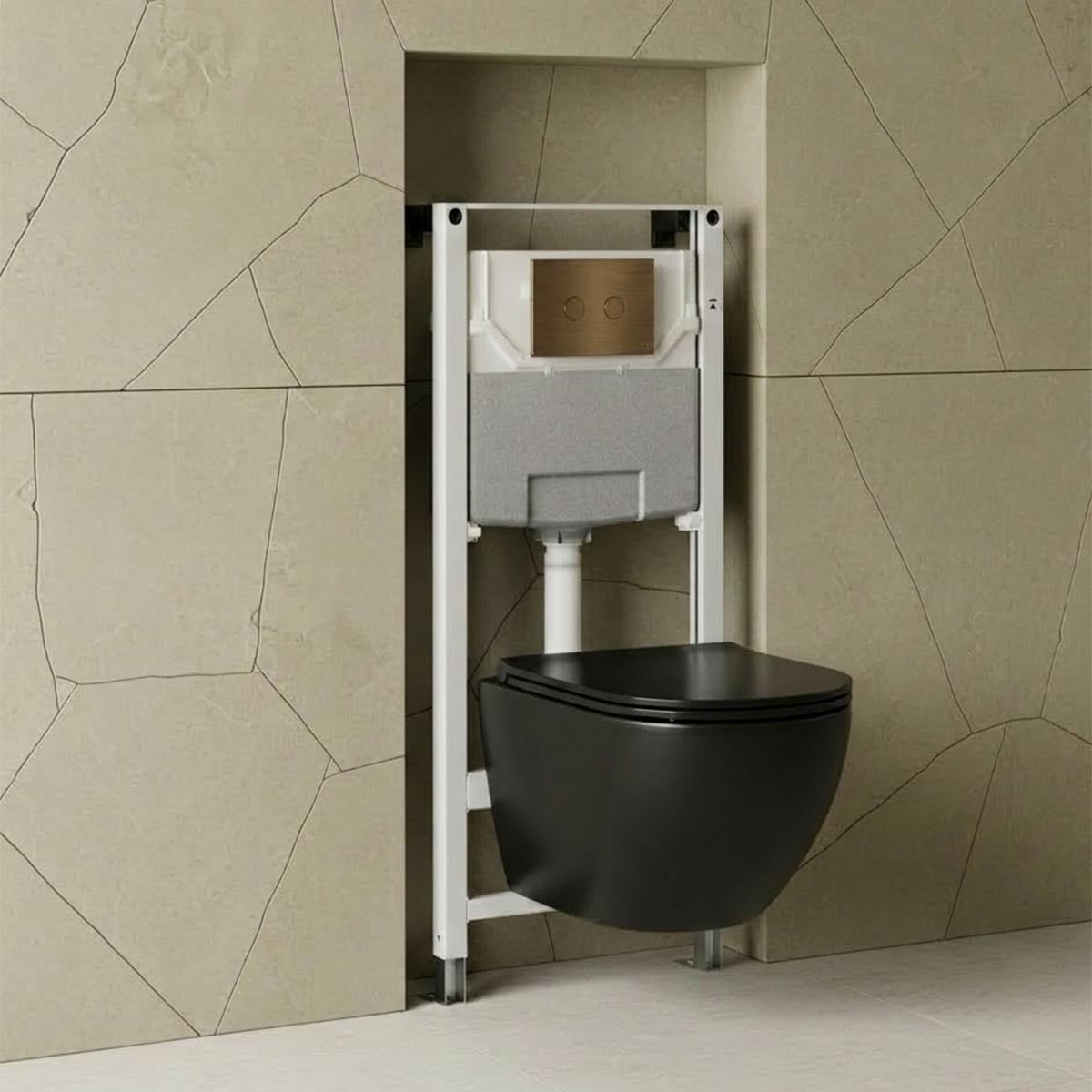 Wall Hung Toilet with Seat & 1.2m Pre-Wall W.C Cistern Frame and Brushed Bronze Flush Plate