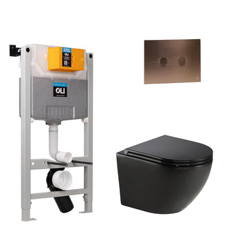 Black Wall Mounted Rimless Toilet with Seat & 0.980m W.C Frame and Brushed Bronze Flush Plate Set Secondary image