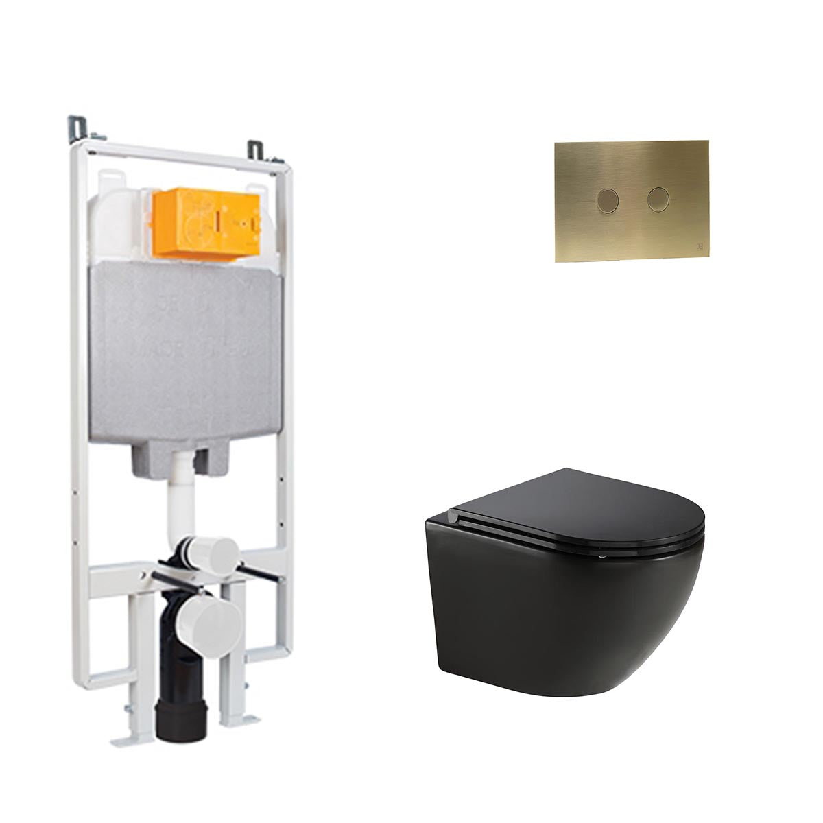 Wall Mounted Rimless Toilet with Seat & 1.2m Slim Concealed Cistern W.C Frame and Brushed Brass Flush Plate Set