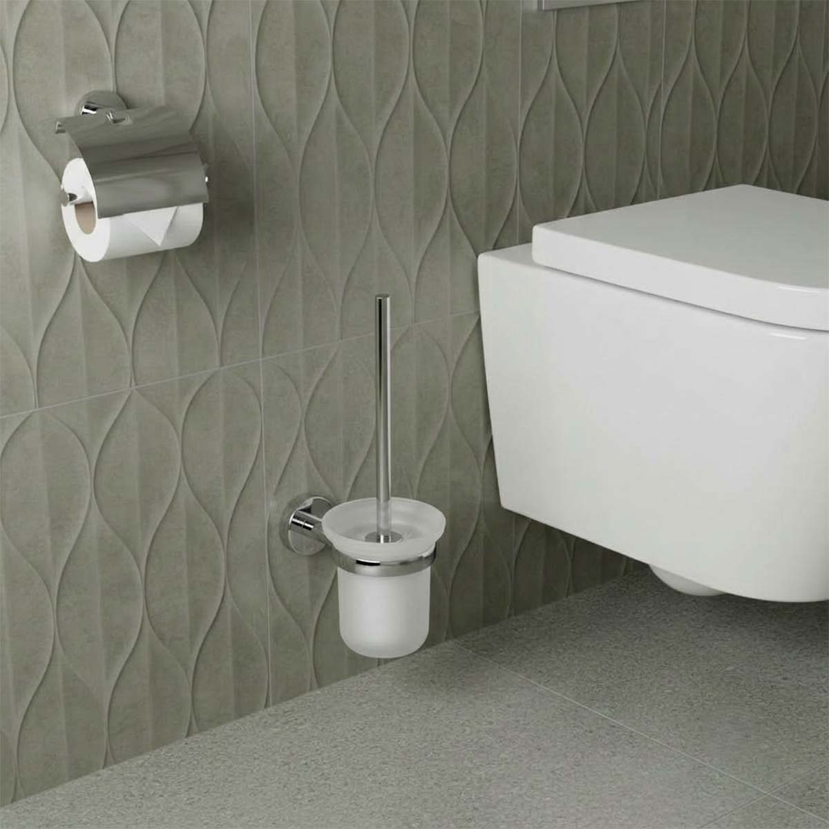 Wall Mounted Toilet Brush Holder with Brush - Chrome and Frosted Glass