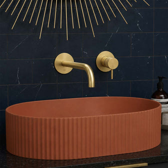 Brushed Brass Wall Mounted Basin Tap Knurled Handle 150mm Slim Spout Secondary image