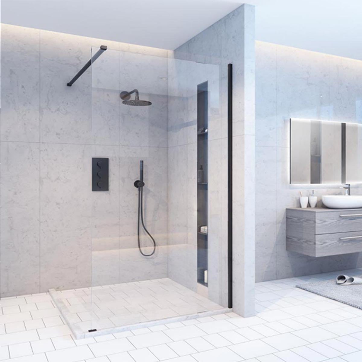 Wetroom Panel Black Framed Including Support Arm-8mm Glass  Main image