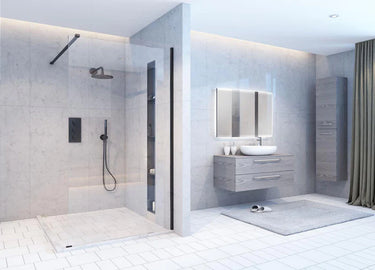 Wetroom-Panel-Black-Framed-Including-Support-Arm