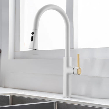 White Pull Out Kitchen Mixer Tap with Swivel Spout
