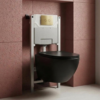 Wortex Black Wall Mounted Rimless Toilet with Seat & 0.980m Concealed Cistern W.C Frame and Brushed Brass Flush Plate Set Main image