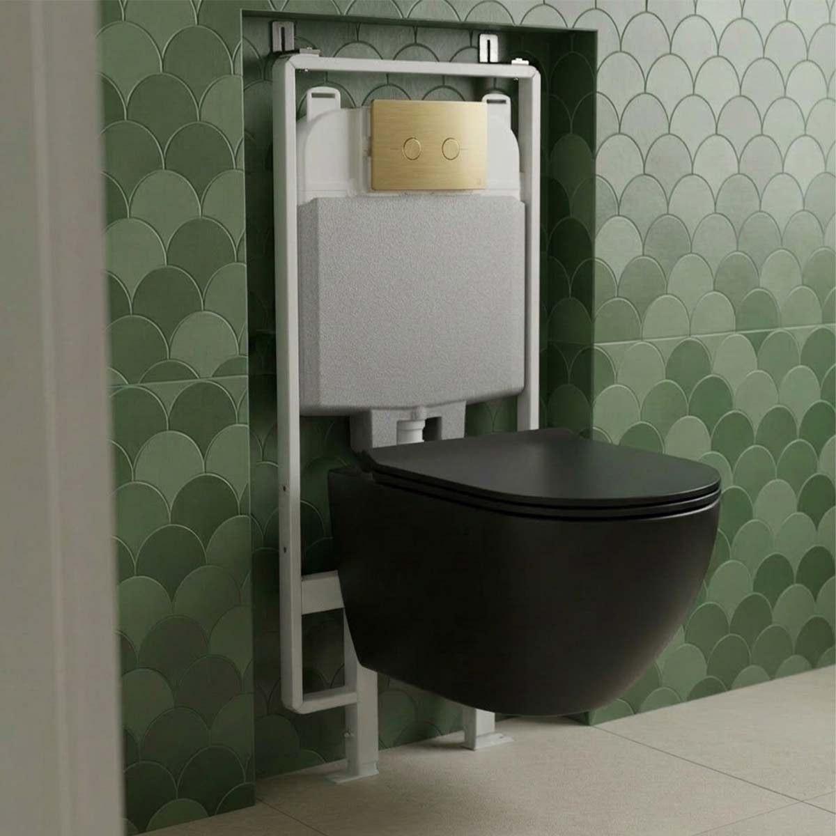 Wortex Black Wall Mounted Rimless Toilet with Seat & 1.2m Slim Concealed Cistern W.C Frame and Brushed Brass Flush Plate Set