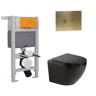 Wortex Matt Black Wall Hung Toilet with Seat, Brushed Brass Flush Plate & 0.82m Concealed Cistern W.C Frame Secondary image