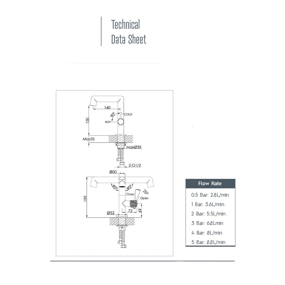 modern basin tap technical sheet