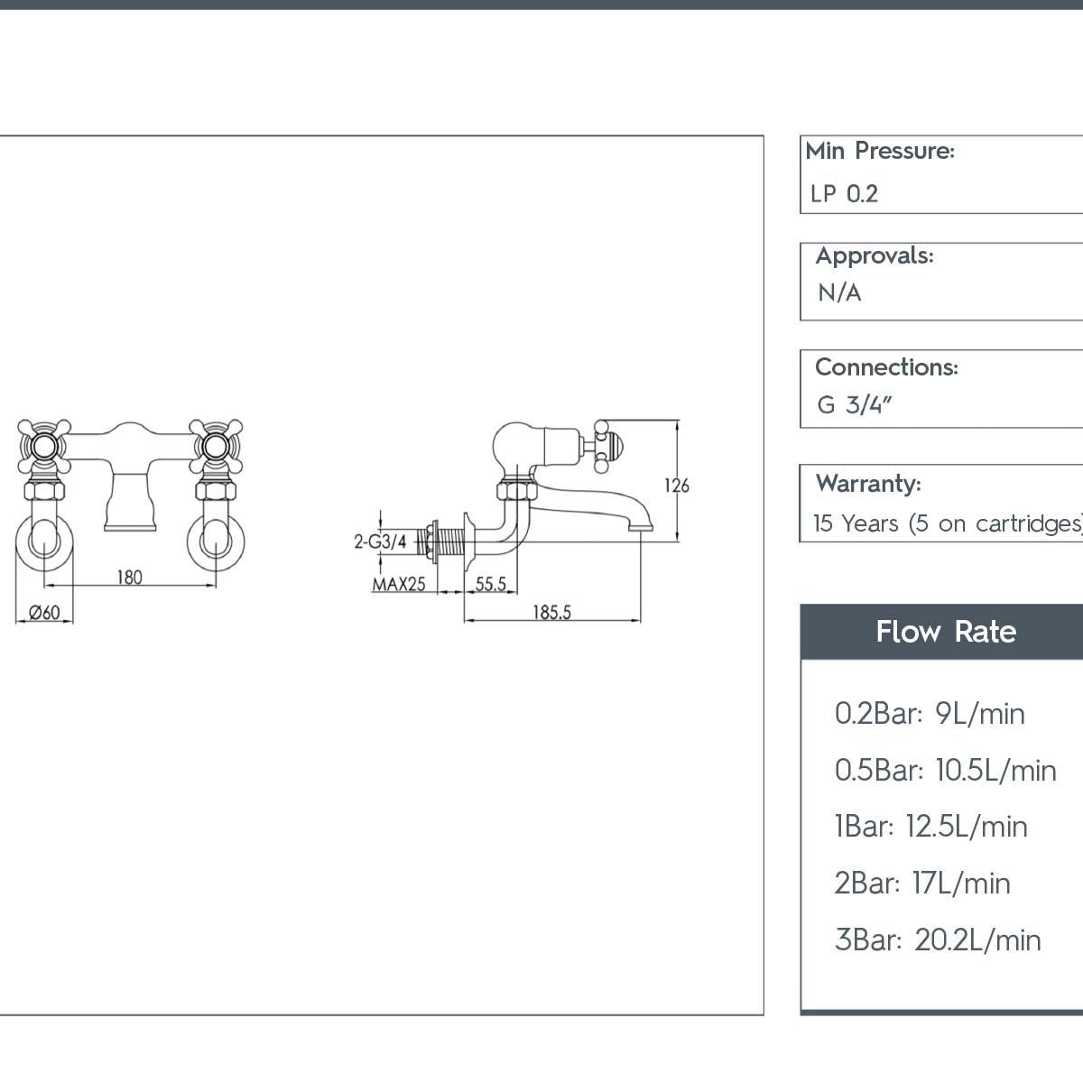 bath filler tap wall mounted technical drawing 