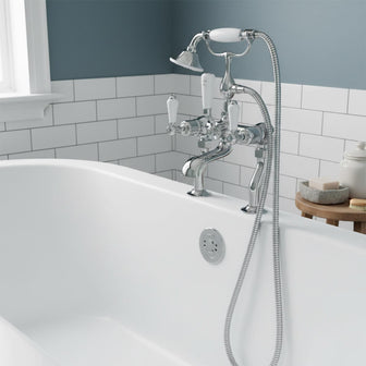 Victorian Deck-Mounted Bath Tap and Handheld Shower Set- Chrome Secondary image