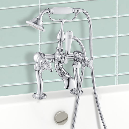 Traditional Deck Mounted Bath Shower Mixer Tap with Shower Kit – Chrome 1000