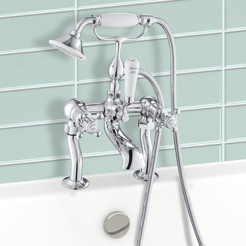 Traditional Deck Mounted Bath Shower Mixer Tap with Shower Kit – Chrome