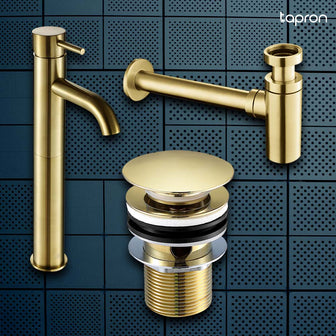 Tall Basin Mixer Tap Gold bottle trap and waste-Tapron Main image