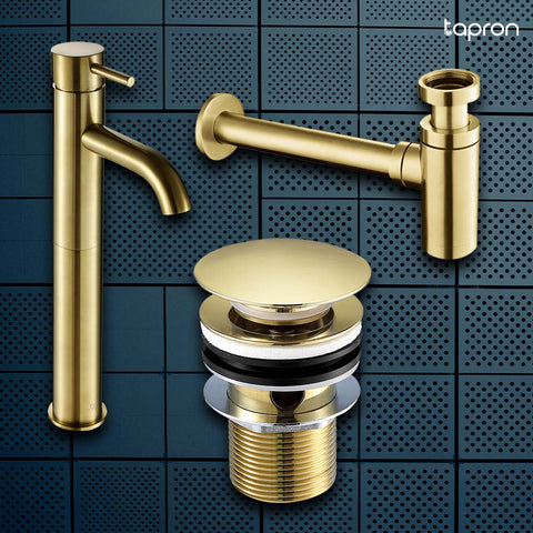 Tall Basin Mixer Tap Gold bottle trap and waste-Tapron
