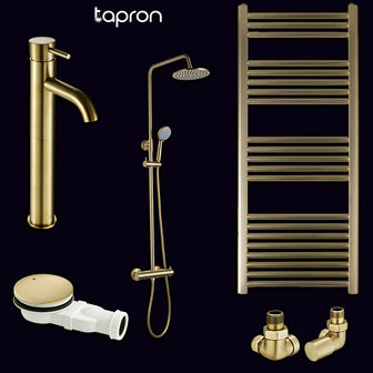 bathroom-radiator-valves-brushed-gold-shower-mixer-tall-bath-taps-bath-clicker-waste-brass-towel-radiator Main image