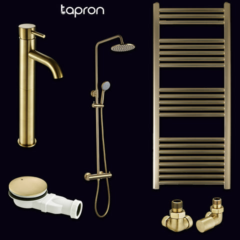 "Brushed Brass Thermostatic Bar & Radiator Set: Shower Waste, Towel Rail, and Tall Basin Mixer"