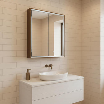 bathroom mirror cabinet with two doors and light and brushed bronze trim Main image