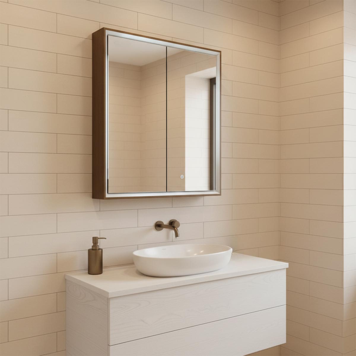 bathroom mirror cabinet with two doors and light and brushed bronze trim