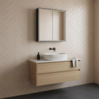 bathroom mirror cabinet with two doors and light and matt black trim