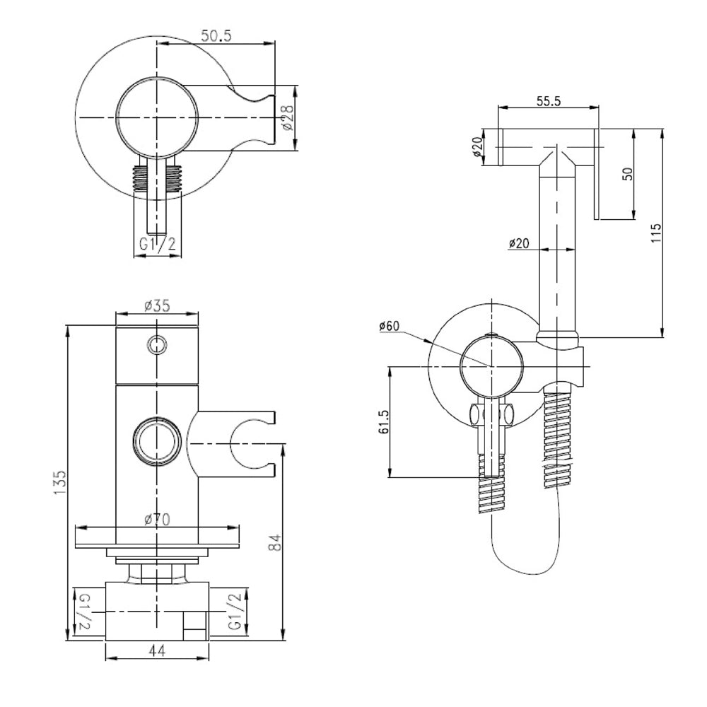 brushed gold douche spray kit Technical Drawing