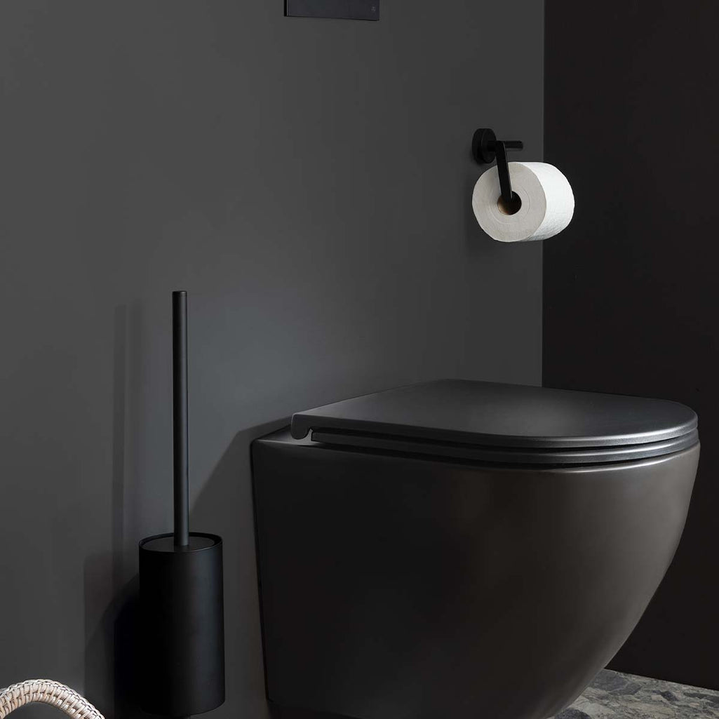 Black toilet with toilet brush holder 