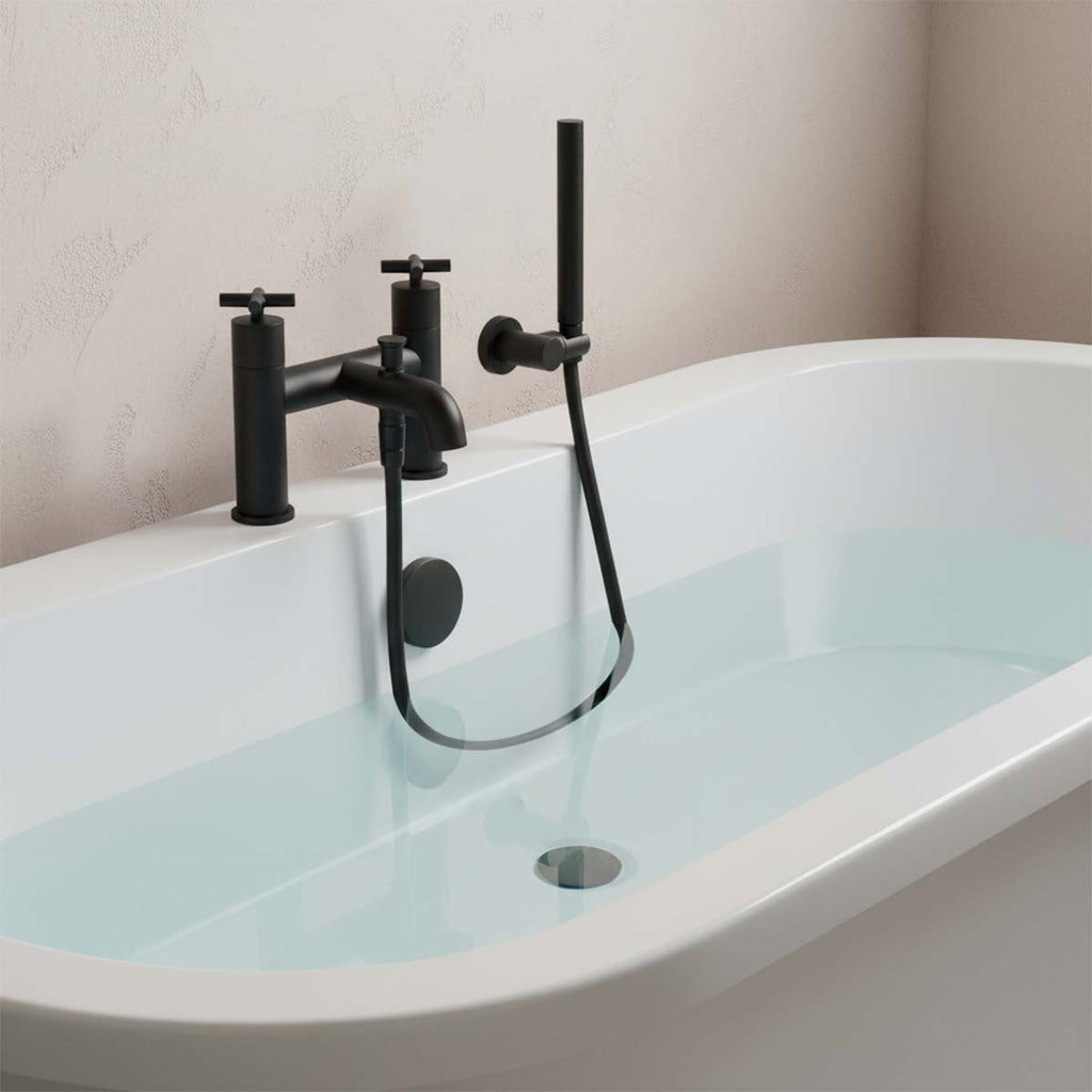 black bath tap with shower attachment deck mounted 
