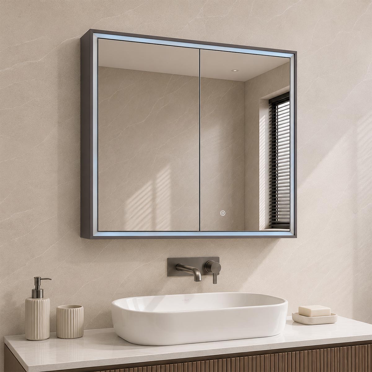 black illuminated bathroom mirror cabinet with sensor 