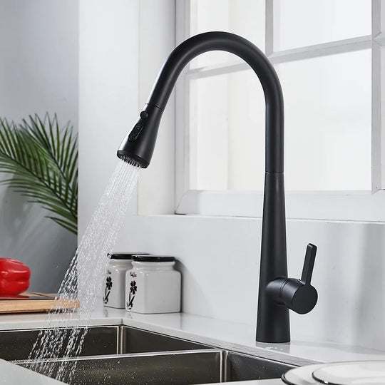 Single Handle Kitchen Faucet With Pull Down Sprayer - Matte Black, 360° Swivel, Ceramic Valve