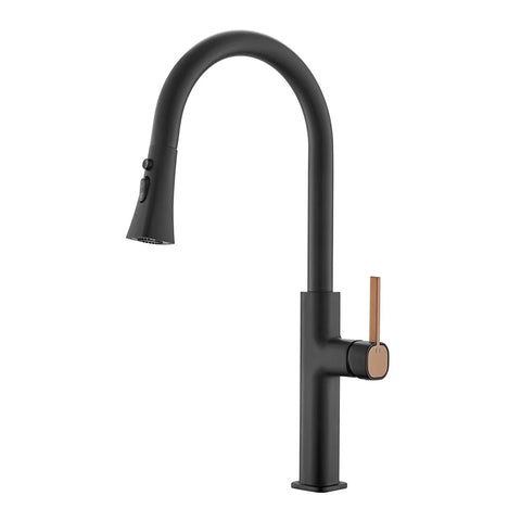 black pull out kitchen tap with rose gold