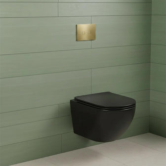 black rimless toilet with brushed brass flush plate and 1.2m concealed cistern frame Main image