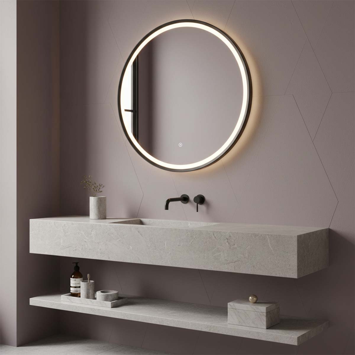 black round led bathroom mirror with demister and light 