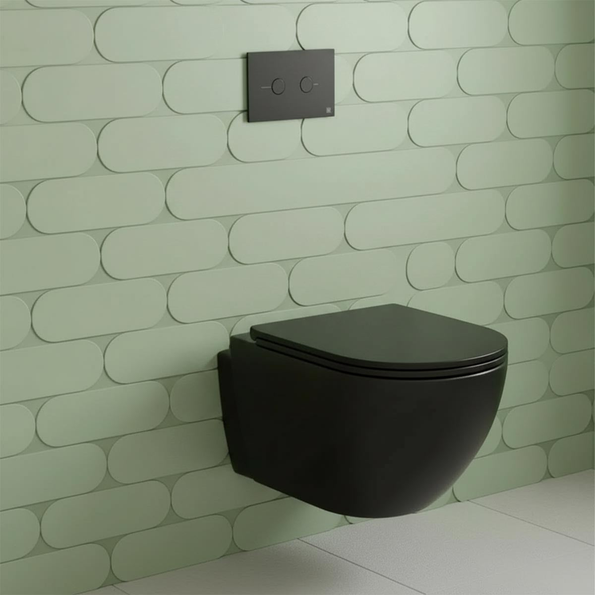 black wall hung toilet with black flush plate and 1.2m concealed cistern with frame
