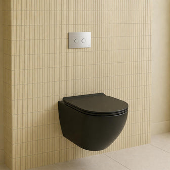 black wall hung toilet with slimline 1.2m concealed cistern with frame and flush plate Main image