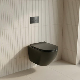 black wall mounted toilet with brushed black flush plate and 1.2m concealed cistern frame Main image