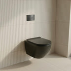 black wall mounted toilet with brushed black flush plate and 1.2m concealed cistern frame