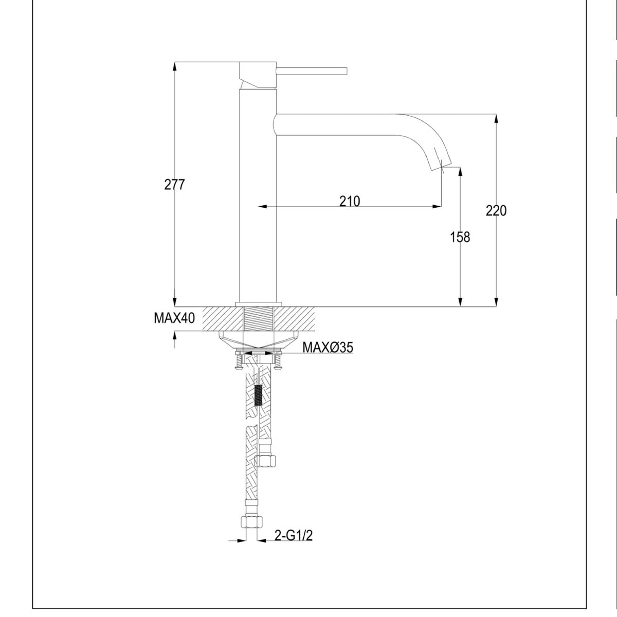  brass tall monobloc kitchen sink tap  technical drawing 