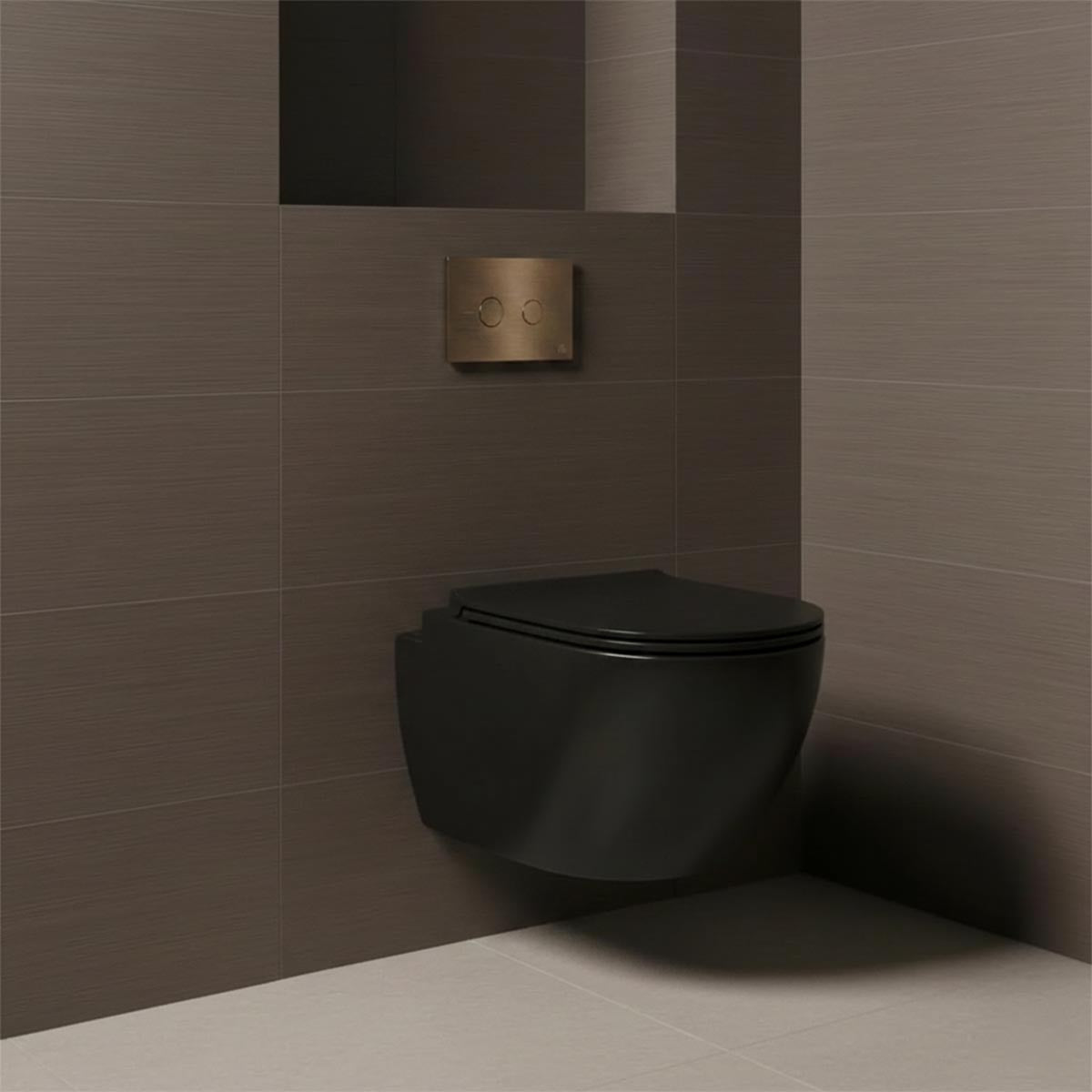 bronze WC flush plate with wall hung toilet and concealed cistern frame