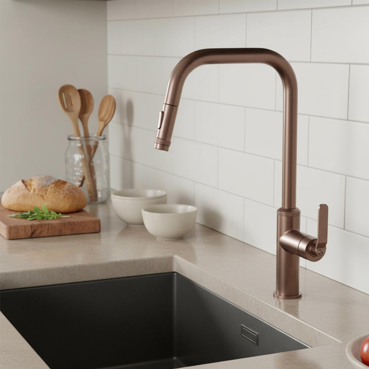 bronze kitchen tap with pull out spray