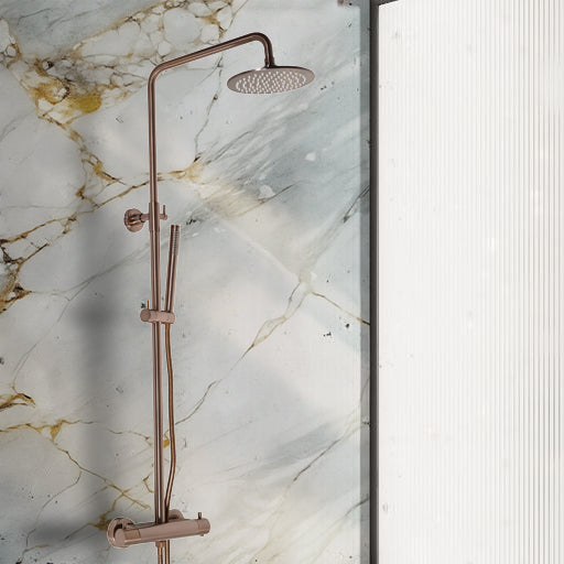 Brushed bronze shower set with riser and fixed shower head