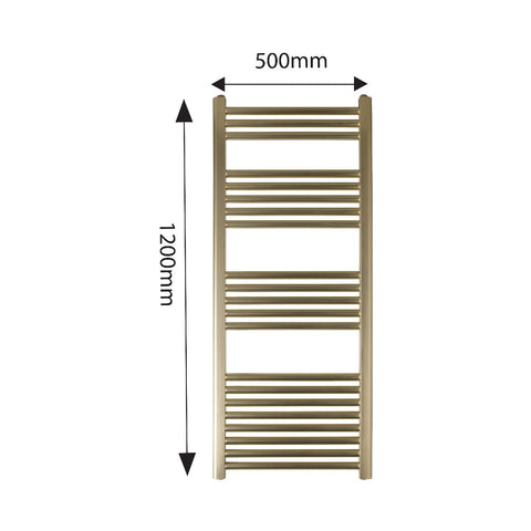 "Brushed Brass Thermostatic Bar & Radiator Set: Shower Waste, Towel Rail, and Tall Basin Mixer"