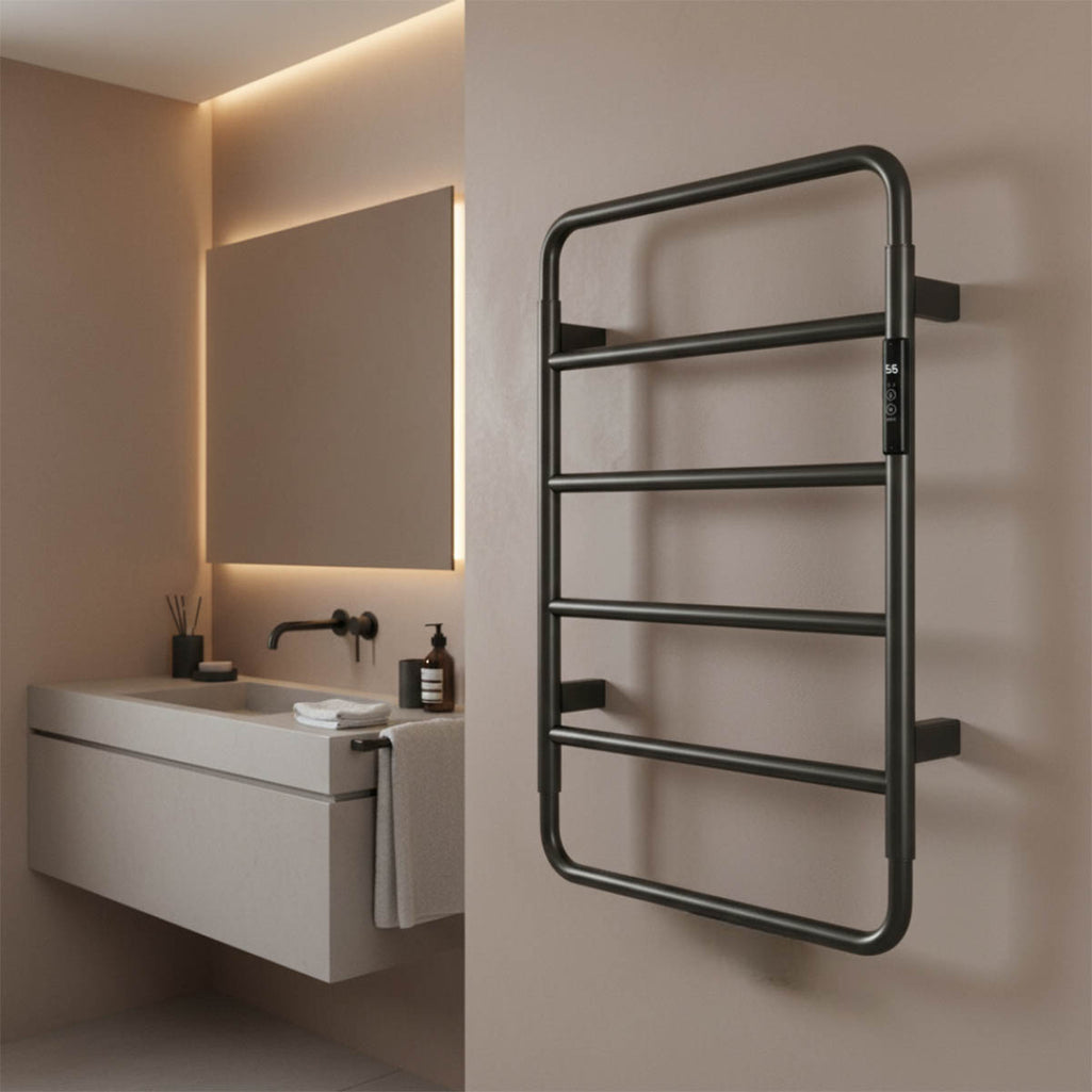brushed black electric towel rail with thermostat