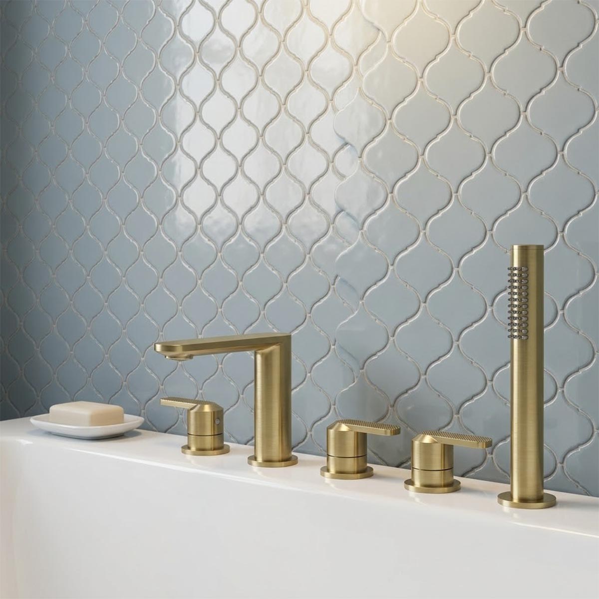 brushed brass 5 hole bath tap with shower handset 