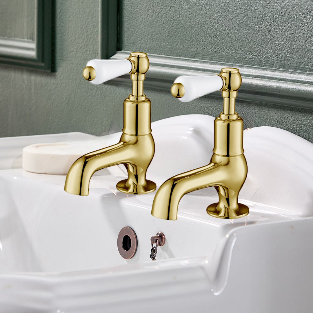 brushed brass Cloakroom Pillar Taps with Lever Handle