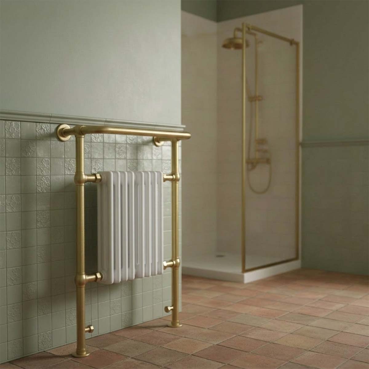 brushed brass Victorian freestanding small bathroom towel rail dual fuel