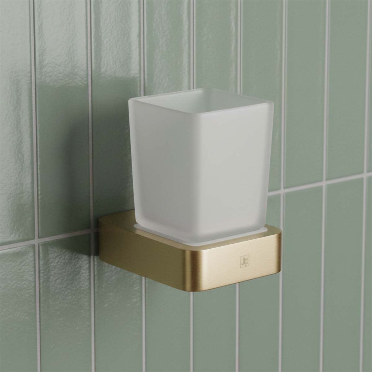 brushed brass and glass bathroom tumbler holder 