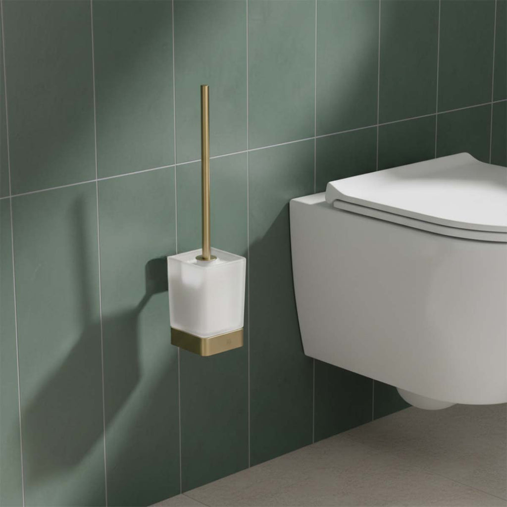 brushed brass and glass toilet brush holder set 