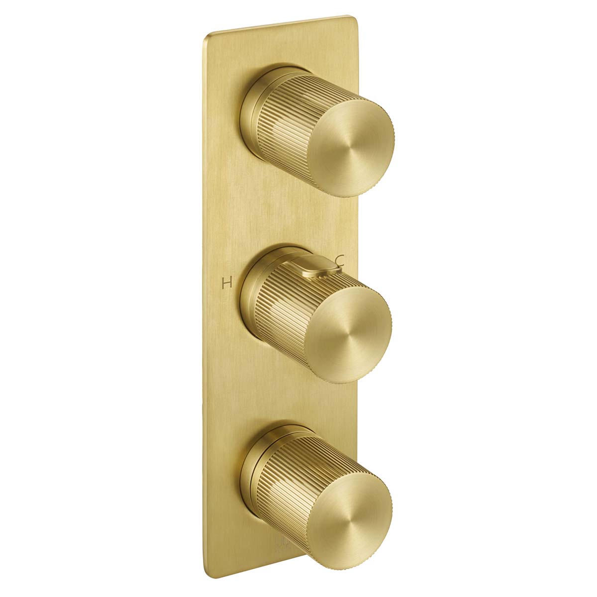 brushed brass concealed shower mixer valve for two outlets with knurled handles 