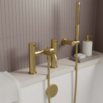 brushed brass deck mounted filler tap with shower attachment  Main image