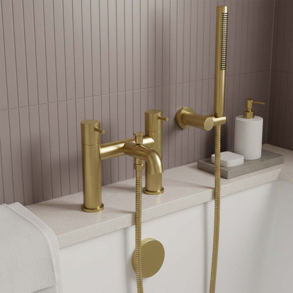 brushed brass deck mounted filler tap with shower attachment 